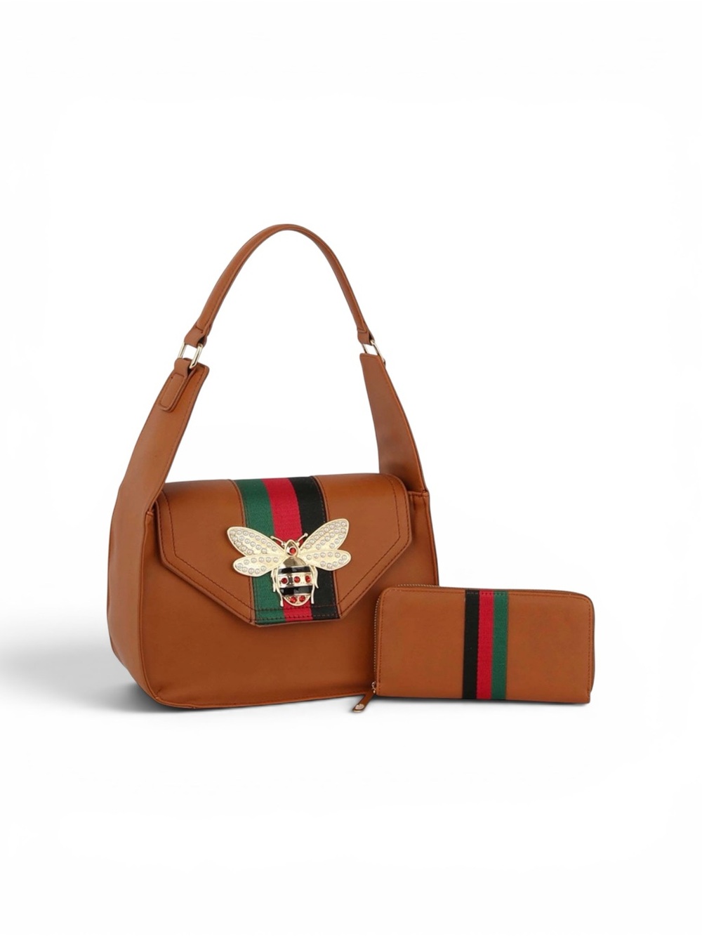 Brown Color Shoulder Bag and Wallet Set Green-Red Stripe and Gold Bee Accent